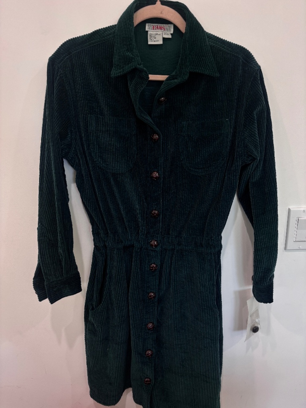 Vintage Fads Emerald Green Corduroy Shirt Dress Button Front Petite Size 6